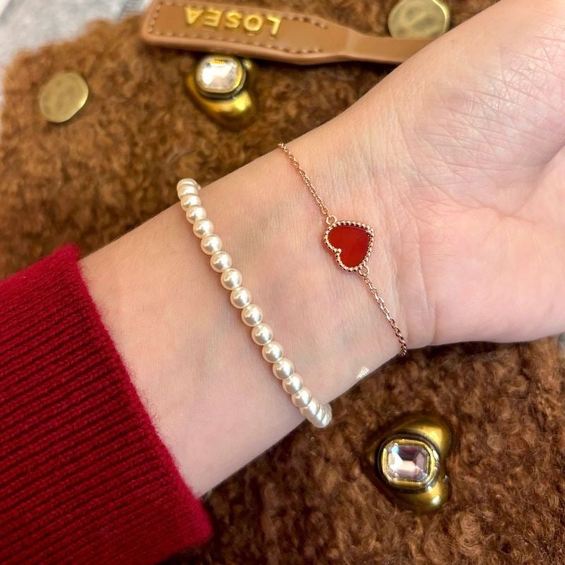 VCA Yellow Gold Carnelian 1 Motif Clover Mini Heart Bracelet- 9mm
